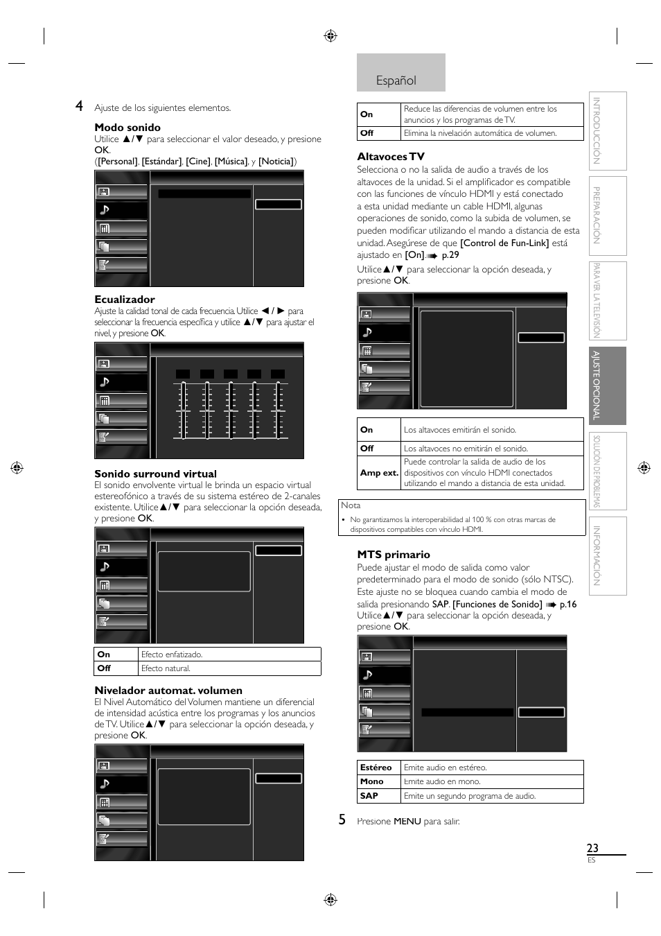 Español, Modo sonido, Ecualizador | Nivelador automat. volumen, Altavoces tv, Mts primario | Sylvania A01PDUH User Manual | Page 105 / 120