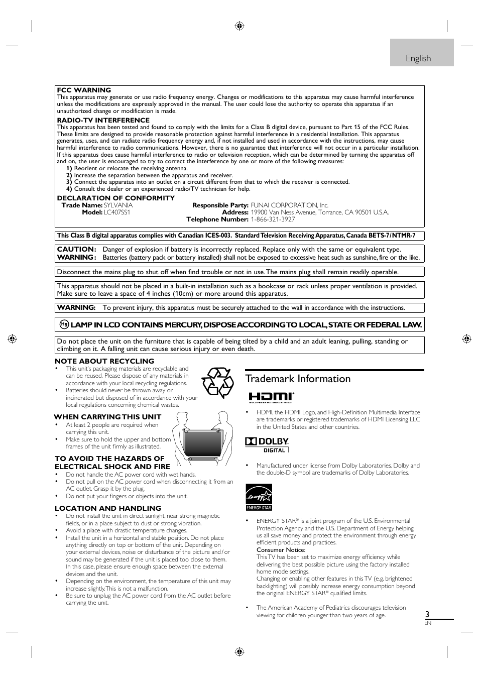 Trademark information, English | Sylvania A01PDUH User Manual | Page 11 / 120