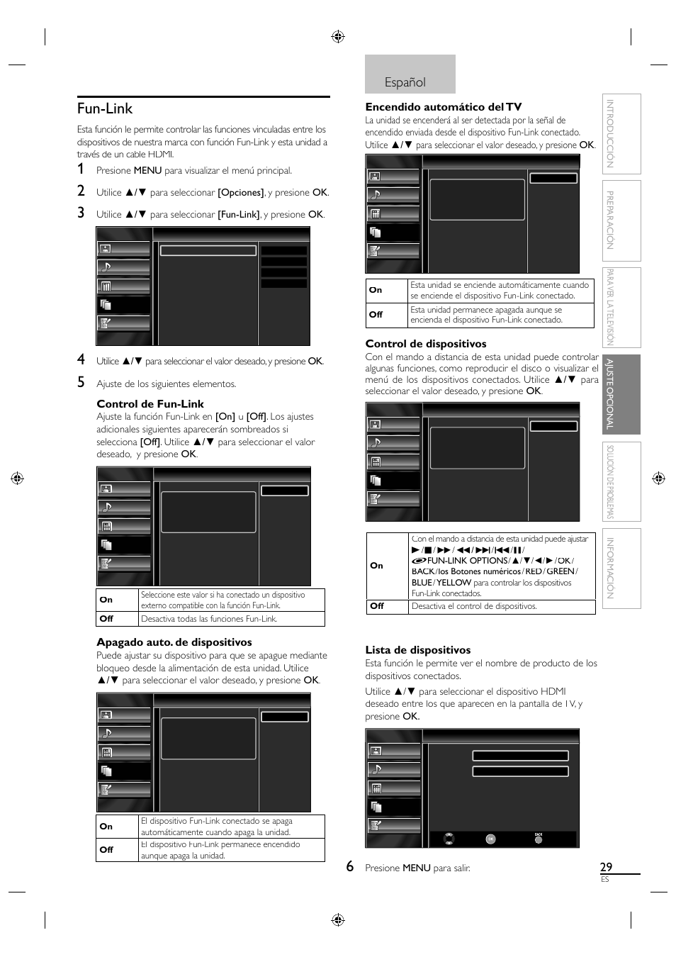 Fun-link, Español, Control de fun-link | Apagado auto. de dispositivos, Encendido automático del tv, Control de dispositivos, Lista de dispositivos | Sylvania A01PDUH User Manual | Page 111 / 120