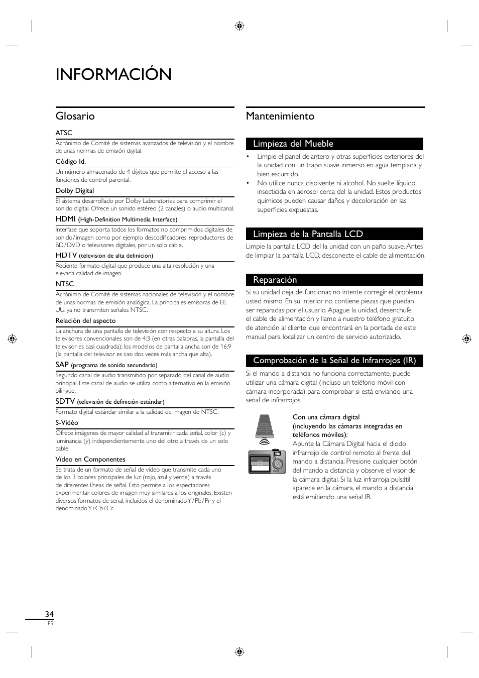 Información, Glosario, Mantenimiento | Limpieza del mueble, Limpieza de la pantalla lcd, Reparación | Sylvania A01PDUH User Manual | Page 116 / 120