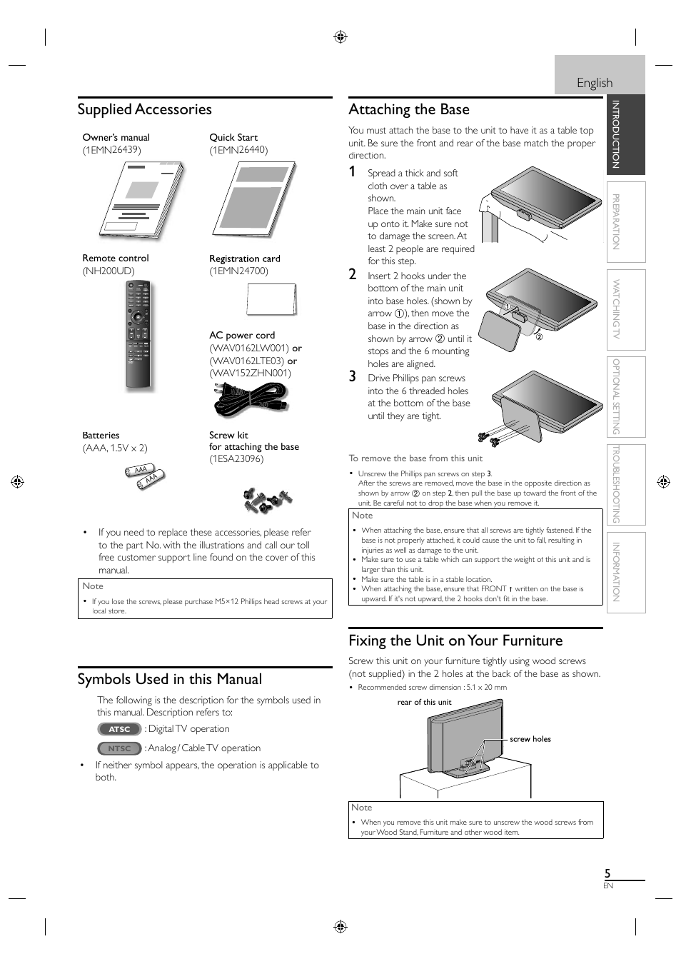 Supplied accessories, Symbols used in this manual, Attaching the base | Fixing the unit on your furniture, English | Sylvania A01PDUH User Manual | Page 13 / 120