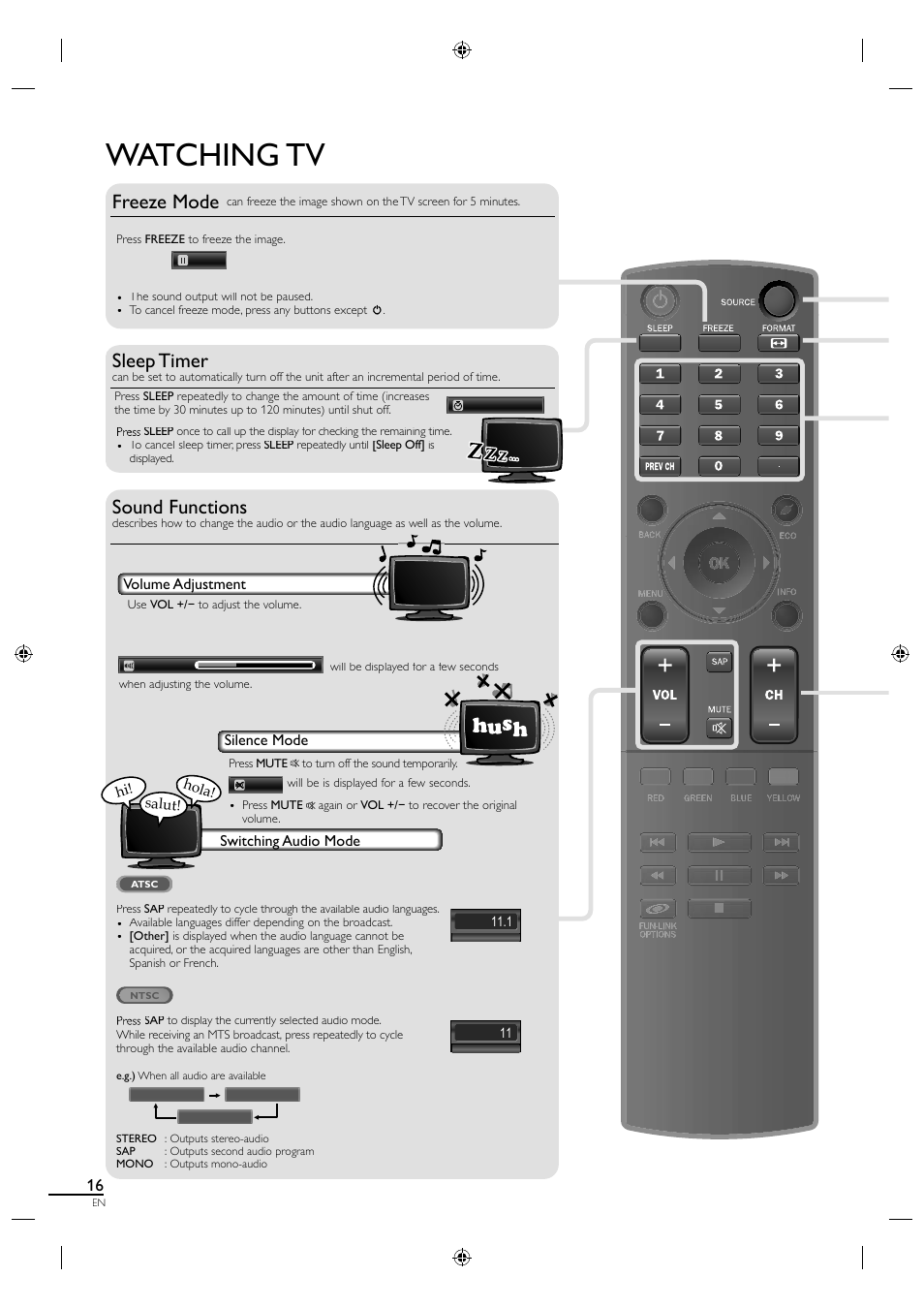 Watching tv, Freeze mode, Sleep timer | Sound functions | Sylvania A01PDUH User Manual | Page 24 / 120