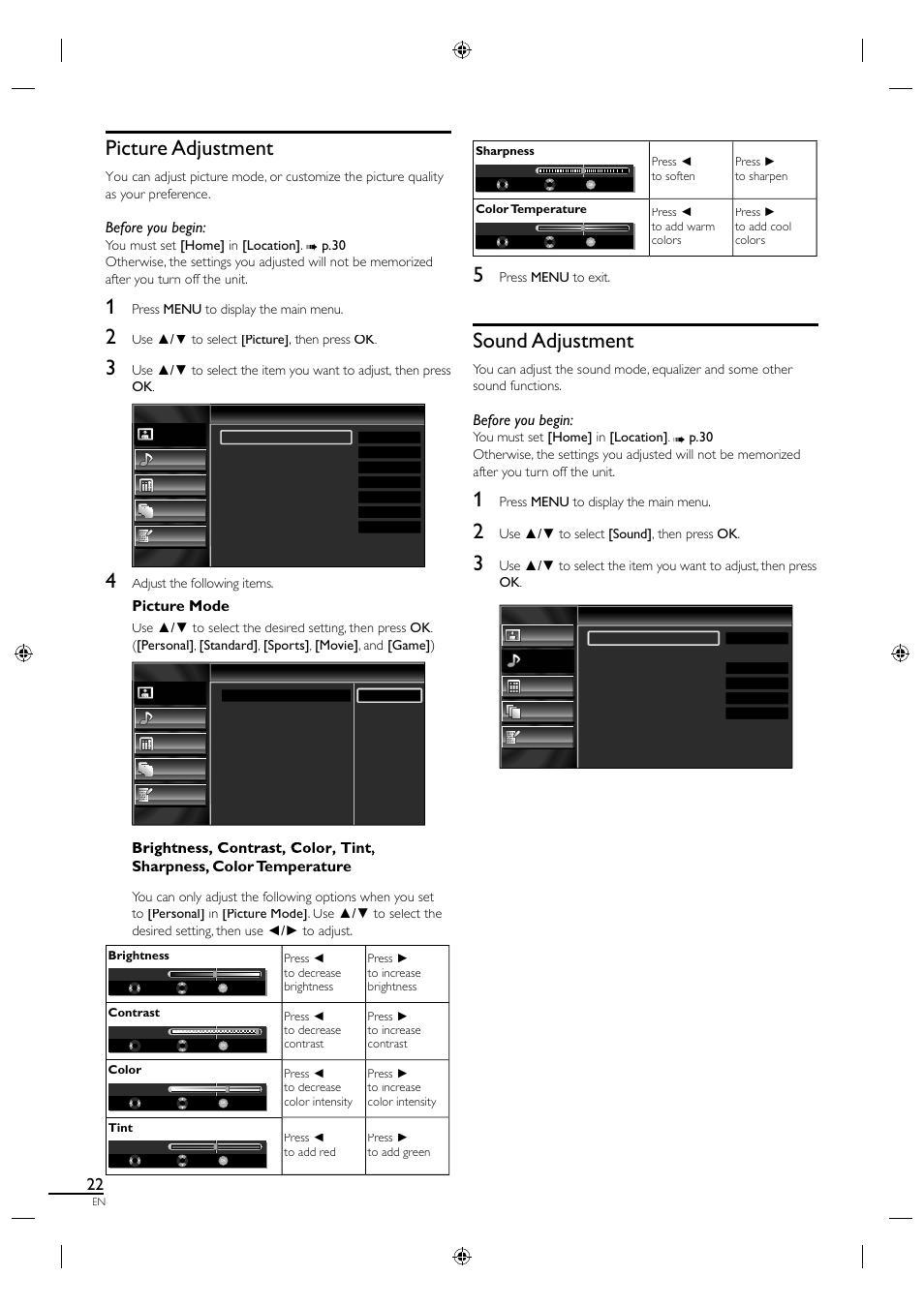 Picture adjustment, Sound adjustment, Before you begin | Picture mode, Sharpness, color temperature | Sylvania A01PDUH User Manual | Page 30 / 120