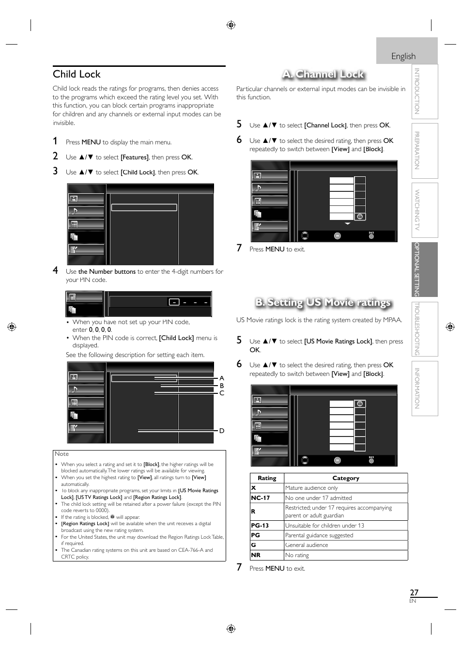 Child lock, A. channel lock, B. setting us movie ratings | English | Sylvania A01PDUH User Manual | Page 35 / 120