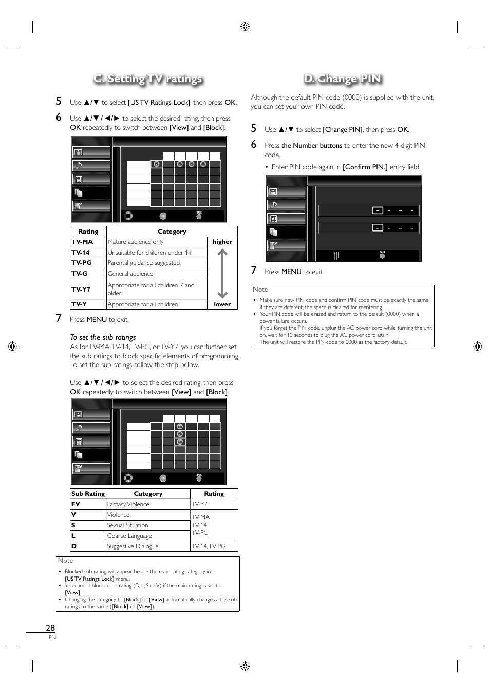 C. setting tv ratings, C. setting tv ratings 5, D. change pin | Sylvania A01PDUH User Manual | Page 36 / 120