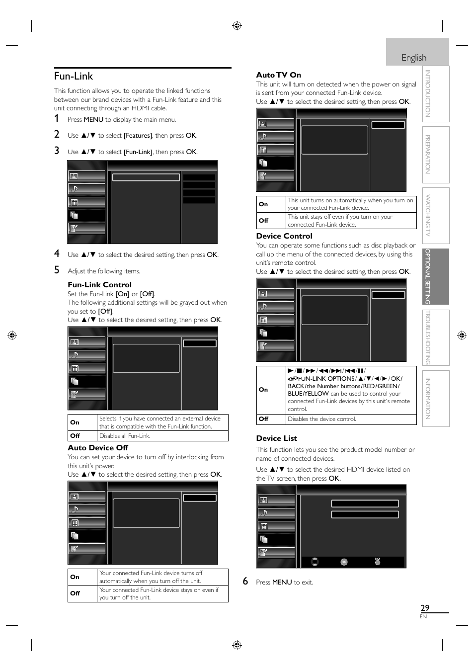 Fun-link, English, Fun-link control | Auto device off, Auto tv on, Device control, Device list | Sylvania A01PDUH User Manual | Page 37 / 120