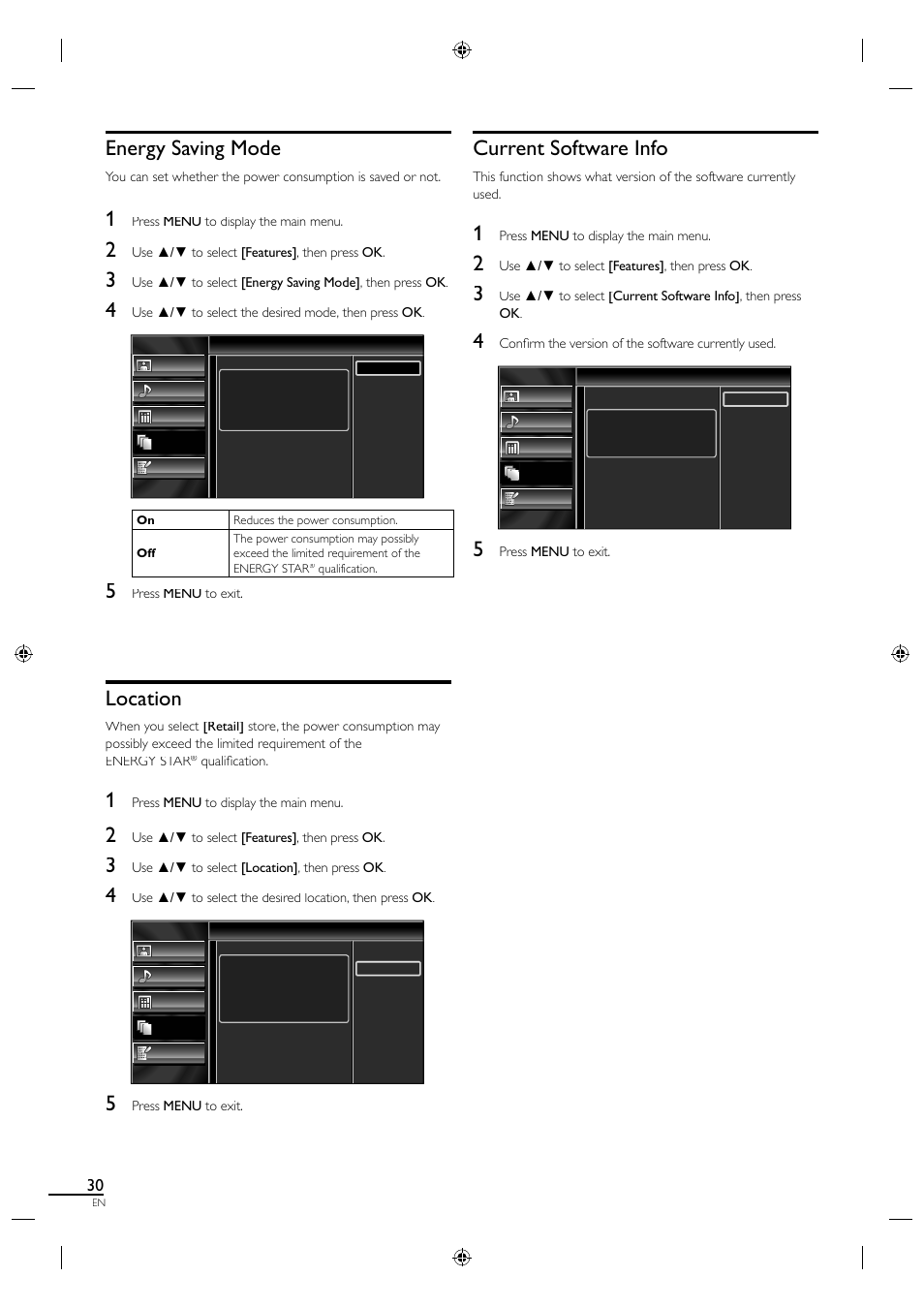 Energy saving mode, Location, Current software info | Sylvania A01PDUH User Manual | Page 38 / 120