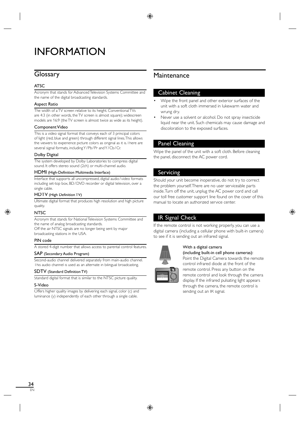 Information, Glossary, Maintenance | Cabinet cleaning, Panel cleaning, Servicing, Ir signal check | Sylvania A01PDUH User Manual | Page 42 / 120