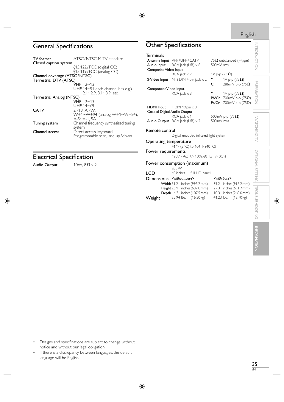 Other specifi cations, General specifi cations, Electrical specifi cation | English | Sylvania A01PDUH User Manual | Page 43 / 120