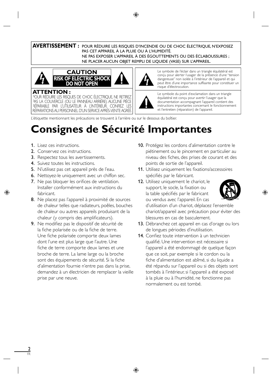 Consignes de sécurité importantes, Avertissement, Attention | Caution risk of electric shock do not open | Sylvania A01PDUH User Manual | Page 47 / 120