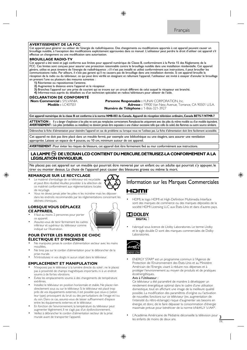 Information sur les marques commerciales, Français | Sylvania A01PDUH User Manual | Page 48 / 120