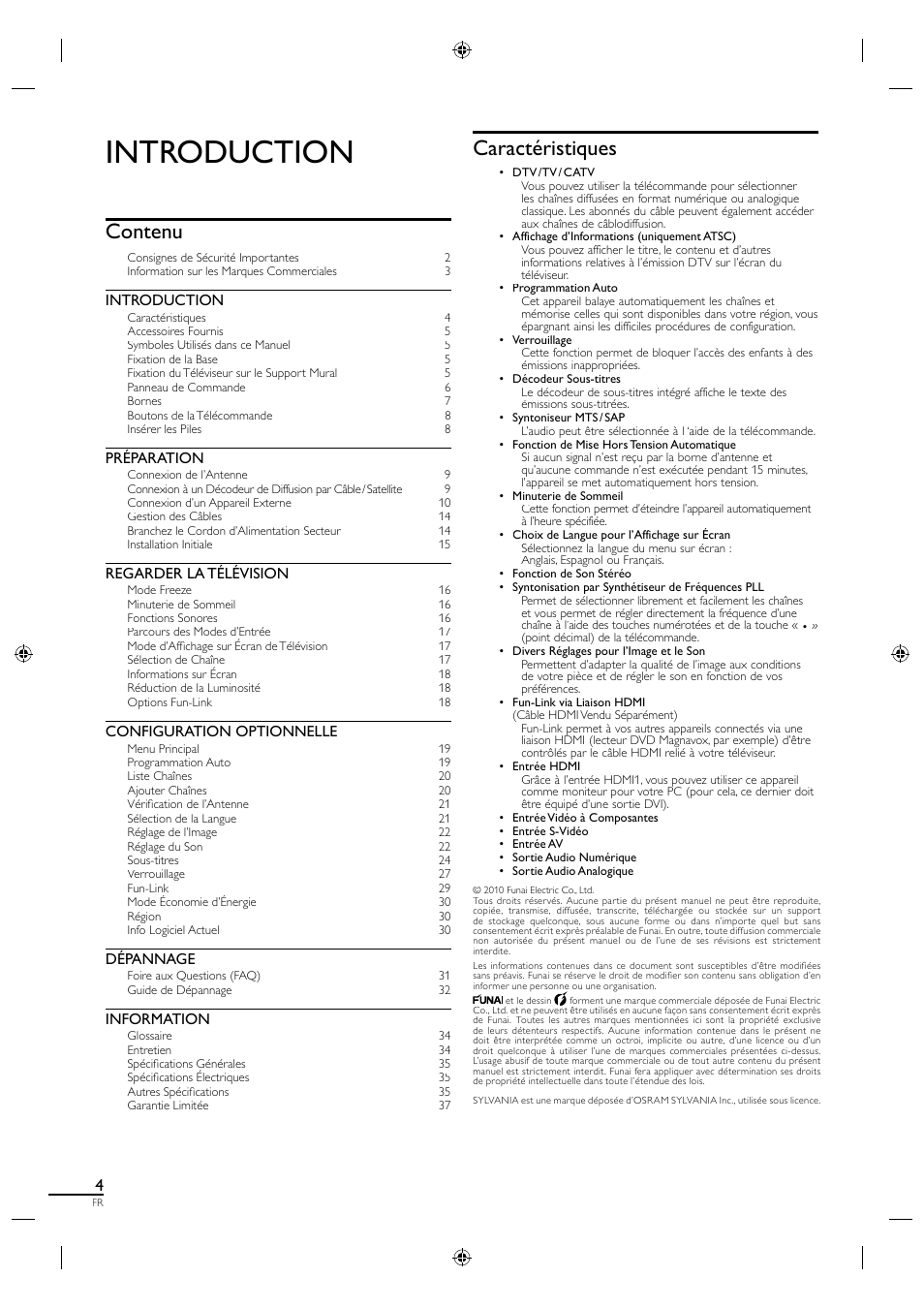 Introduction, Contenu, Caractéristiques | Préparation, Regarder la télévision, Configuration optionnelle, Dépannage, Information | Sylvania A01PDUH User Manual | Page 49 / 120