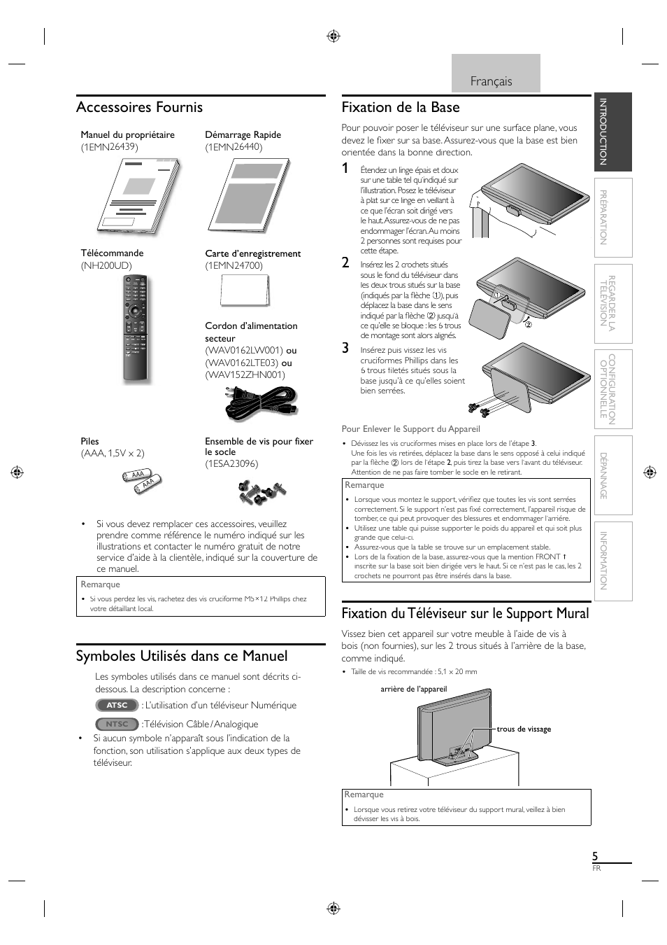 Accessoires fournis, Symboles utilisés dans ce manuel, Fixation de la base | Fixation du téléviseur sur le support mural, Français | Sylvania A01PDUH User Manual | Page 50 / 120