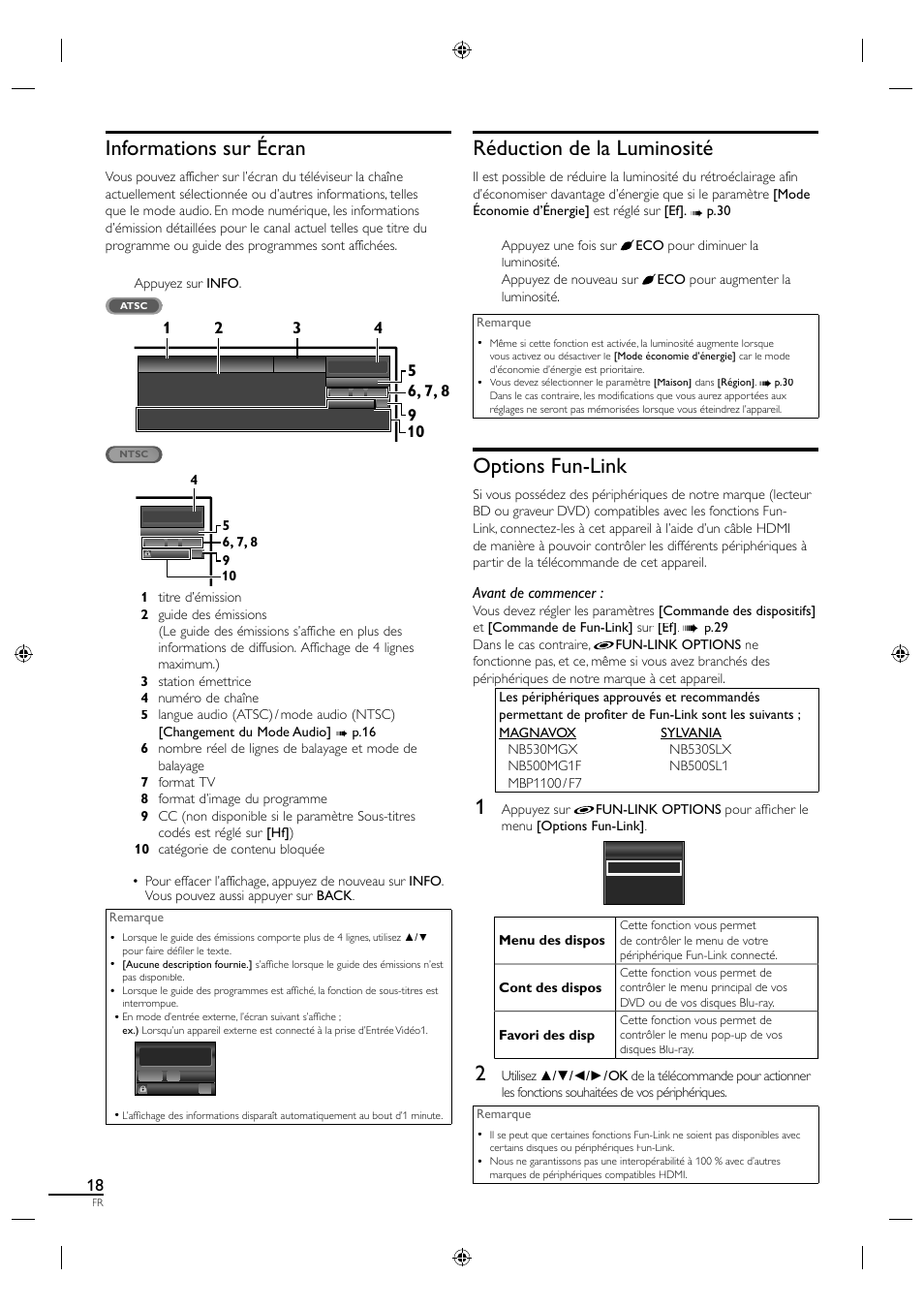 Informations sur écran, Réduction de la luminosité, Options fun-link | Avant de commencer | Sylvania A01PDUH User Manual | Page 63 / 120
