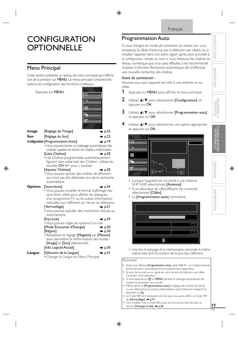 Configuration optionnelle, Menu principal, Programmation auto | Français | Sylvania A01PDUH User Manual | Page 64 / 120