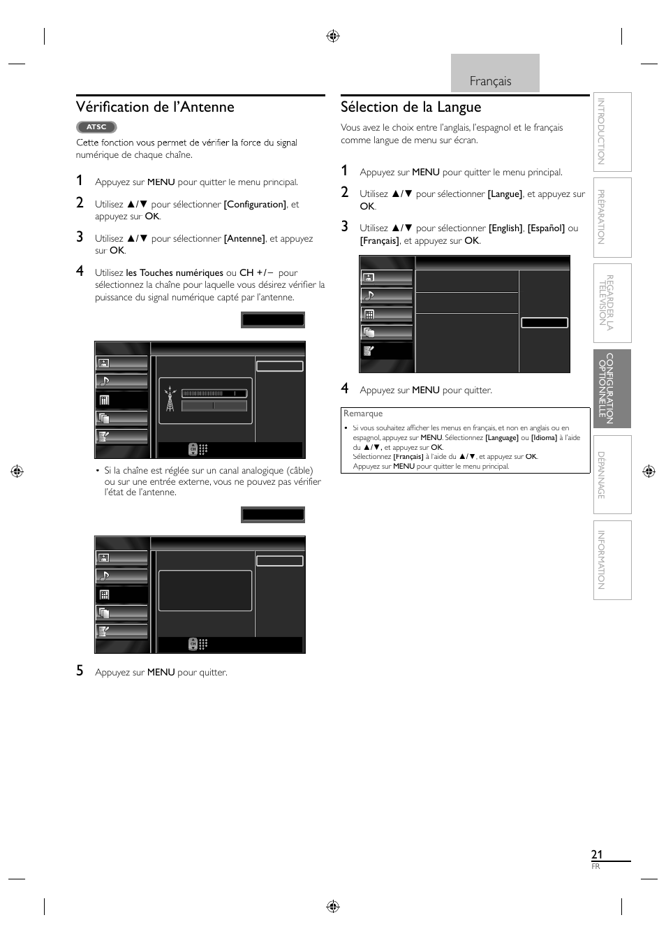Vérifi cation de l’antenne, Sélection de la langue, Français | Video1 | Sylvania A01PDUH User Manual | Page 66 / 120