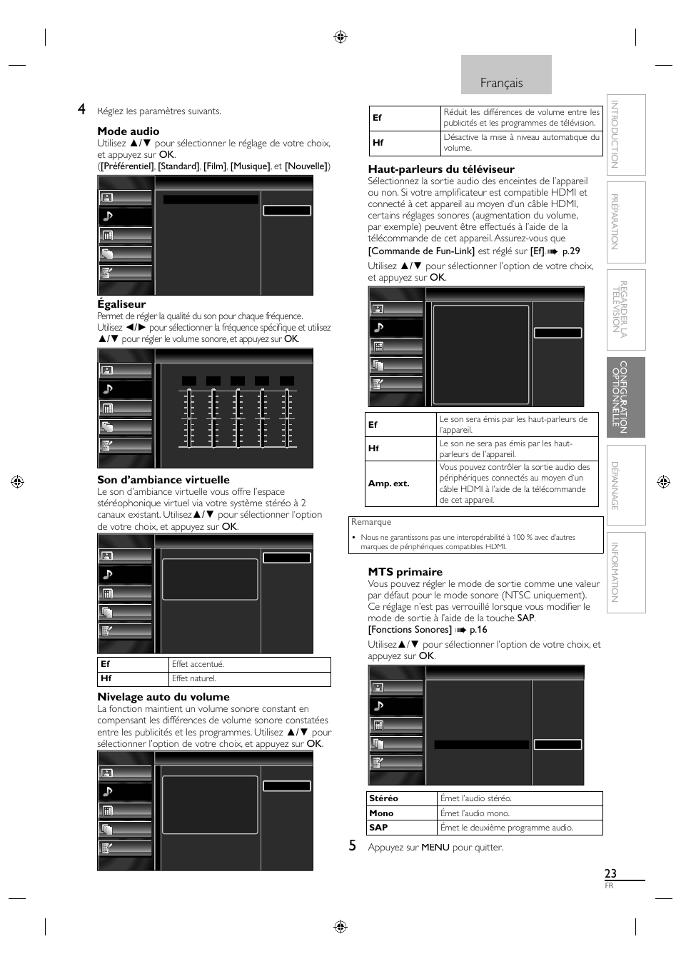 Français, Mode audio, Égaliseur | Son d’ambiance virtuelle, Nivelage auto du volume, Haut-parleurs du téléviseur, Mts primaire | Sylvania A01PDUH User Manual | Page 68 / 120