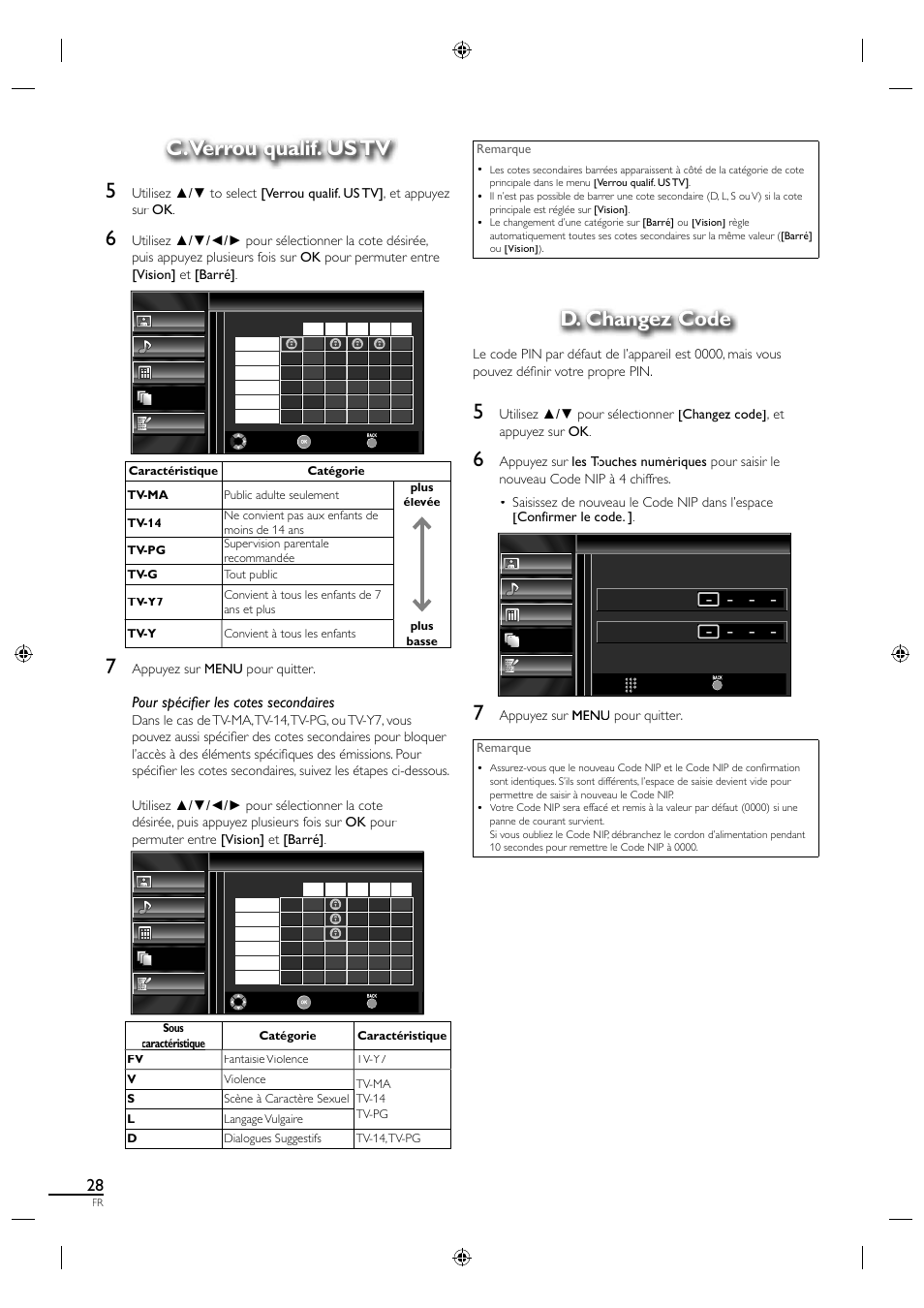C. verrou qualif. us tv, C. verrou qualif. us tv 5, D. changez code | Pour spécifi er les cotes secondaires | Sylvania A01PDUH User Manual | Page 73 / 120