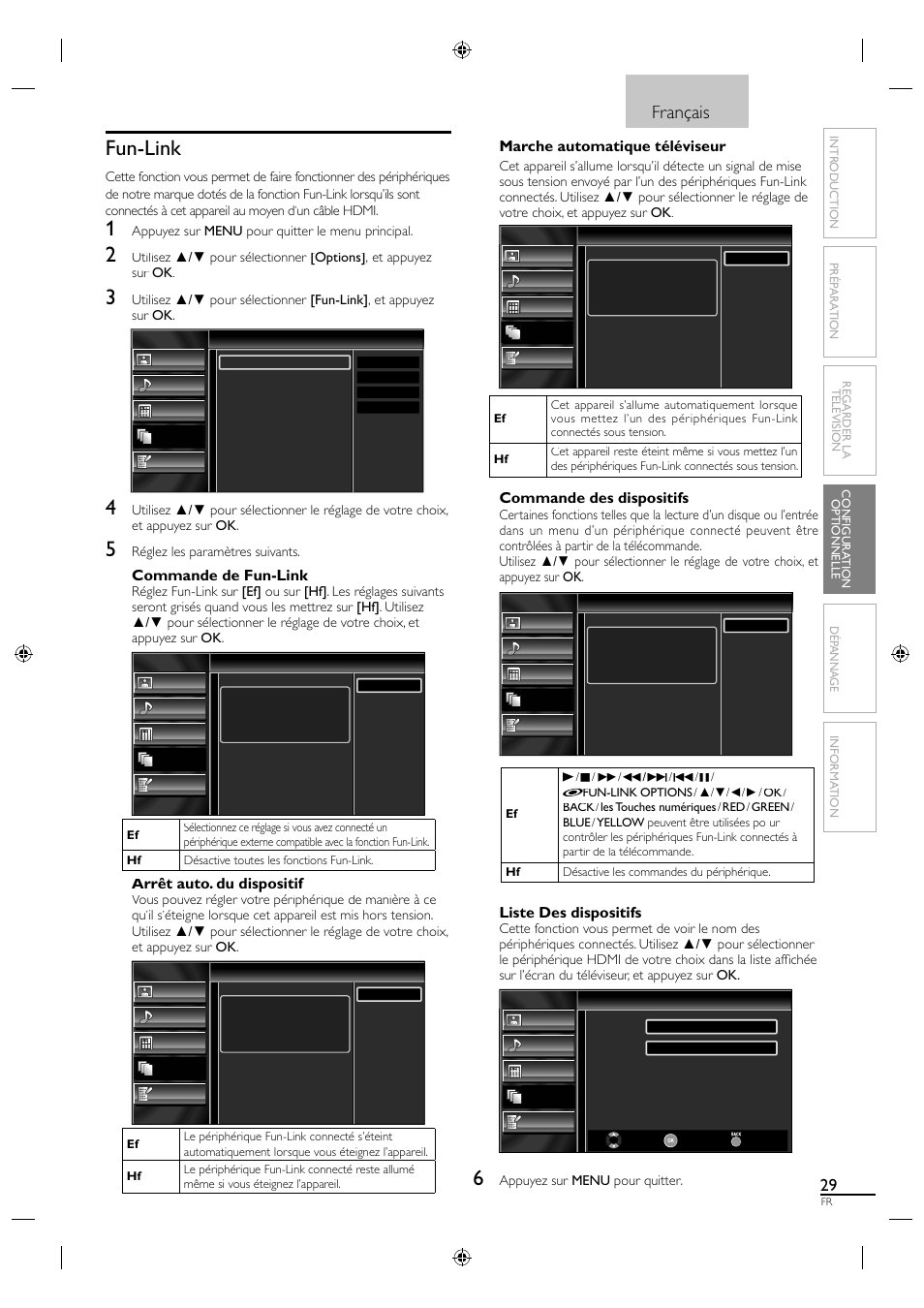 Fun-link, Français, Commande de fun-link | Arrêt auto. du dispositif, Marche automatique téléviseur, Commande des dispositifs, Liste des dispositifs | Sylvania A01PDUH User Manual | Page 74 / 120