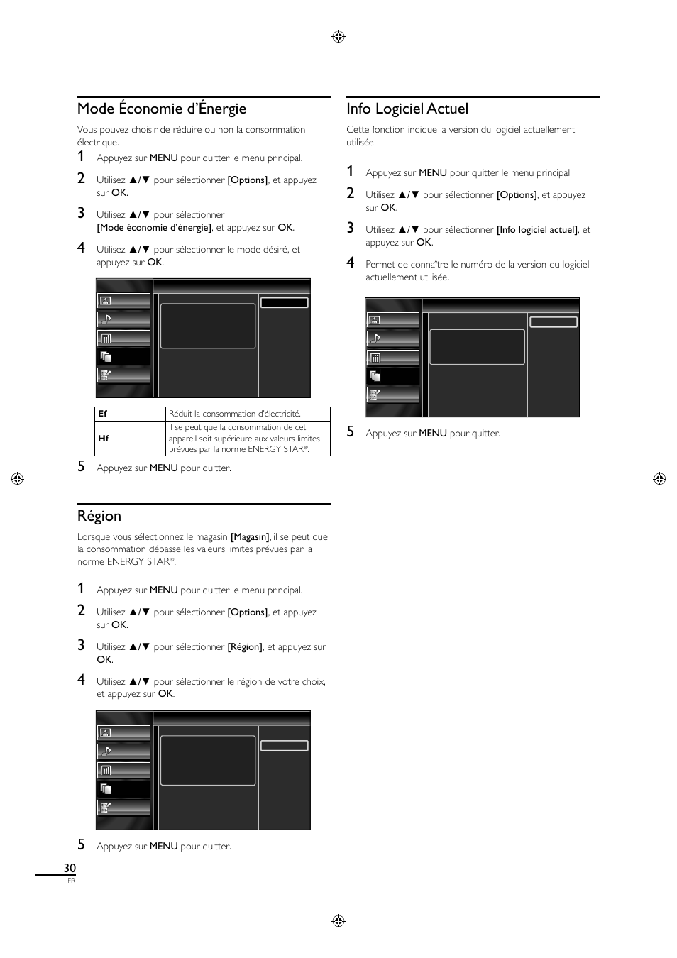 Mode économie d’énergie, Région, Info logiciel actuel | Sylvania A01PDUH User Manual | Page 75 / 120