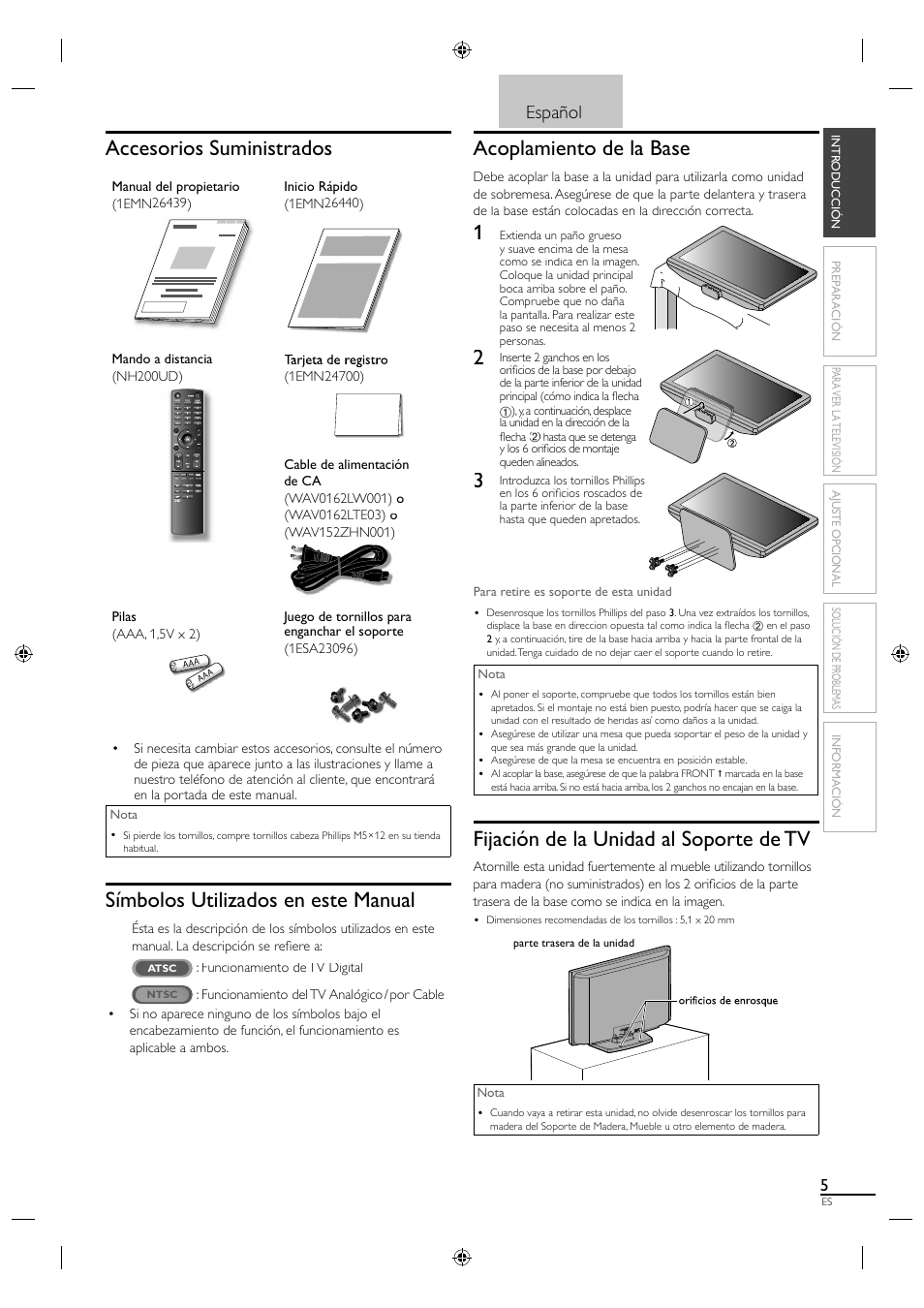 Accesorios suministrados, Símbolos utilizados en este manual, Acoplamiento de la base | Fijación de la unidad al soporte de tv, Español | Sylvania A01PDUH User Manual | Page 87 / 120