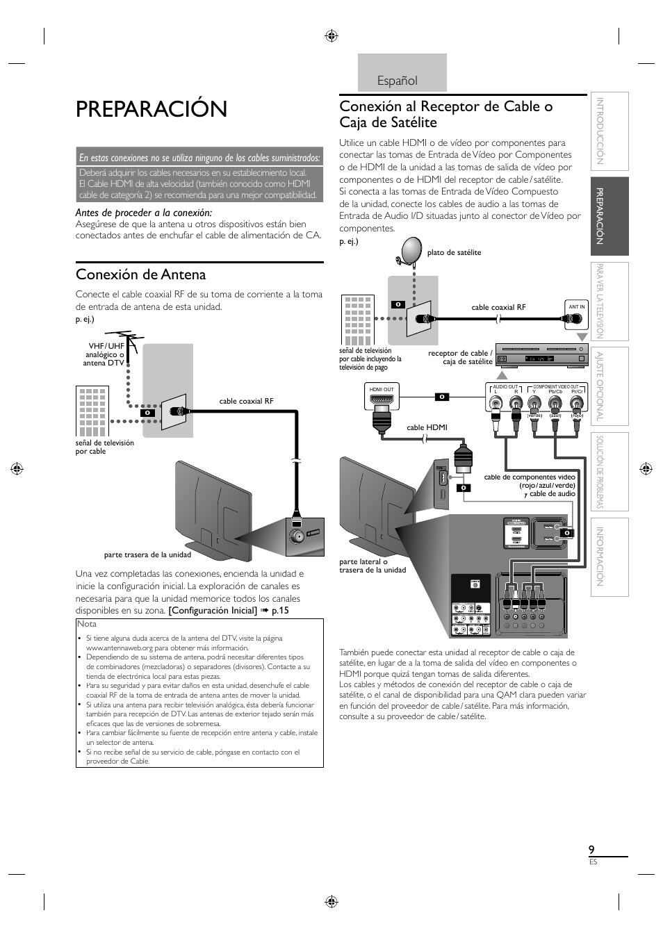 Preparación, Conexión de antena, Conexión al receptor de cable o caja de satélite | Español, Antes de proceder a la conexión | Sylvania A01PDUH User Manual | Page 91 / 120
