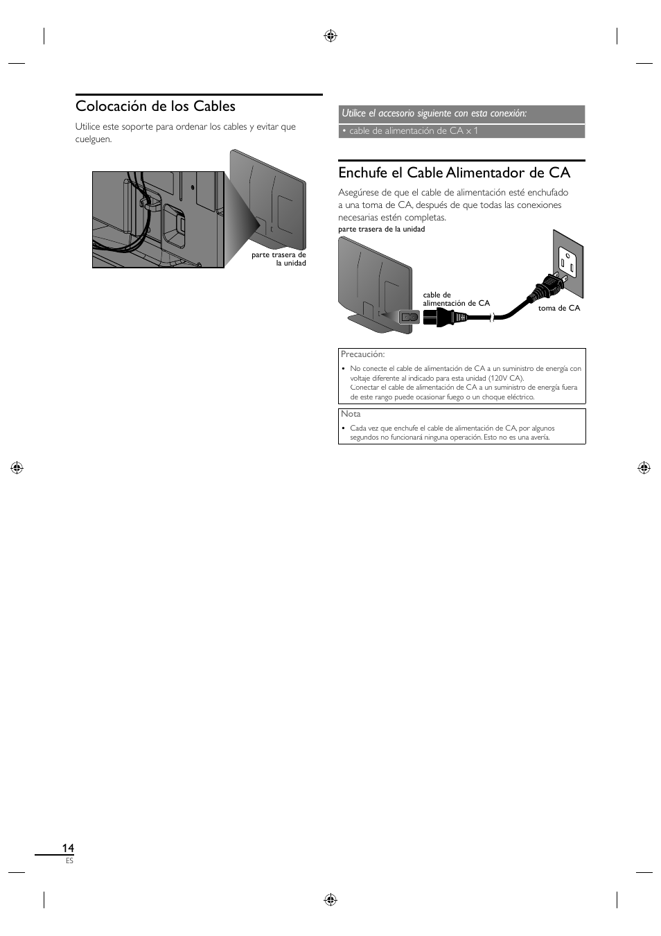 Colocación de los cables, Enchufe el cable alimentador de ca | Sylvania A01PDUH User Manual | Page 96 / 120