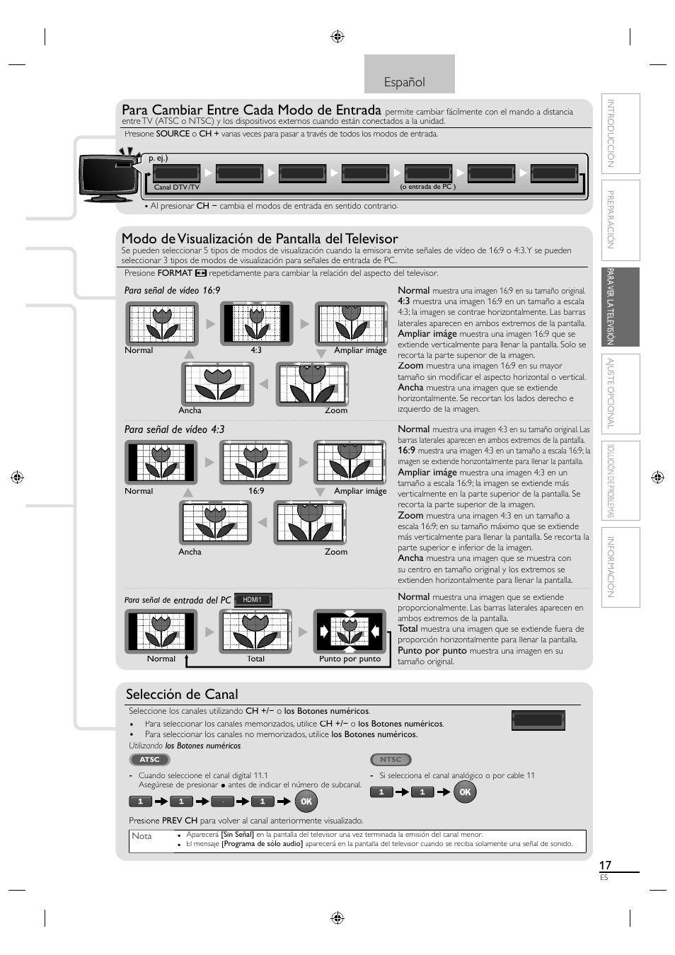 Para cambiar entre cada modo de entrada, Modo de visualización de pantalla del televisor, Selección de canal | Español | Sylvania A01PDUH User Manual | Page 99 / 120
