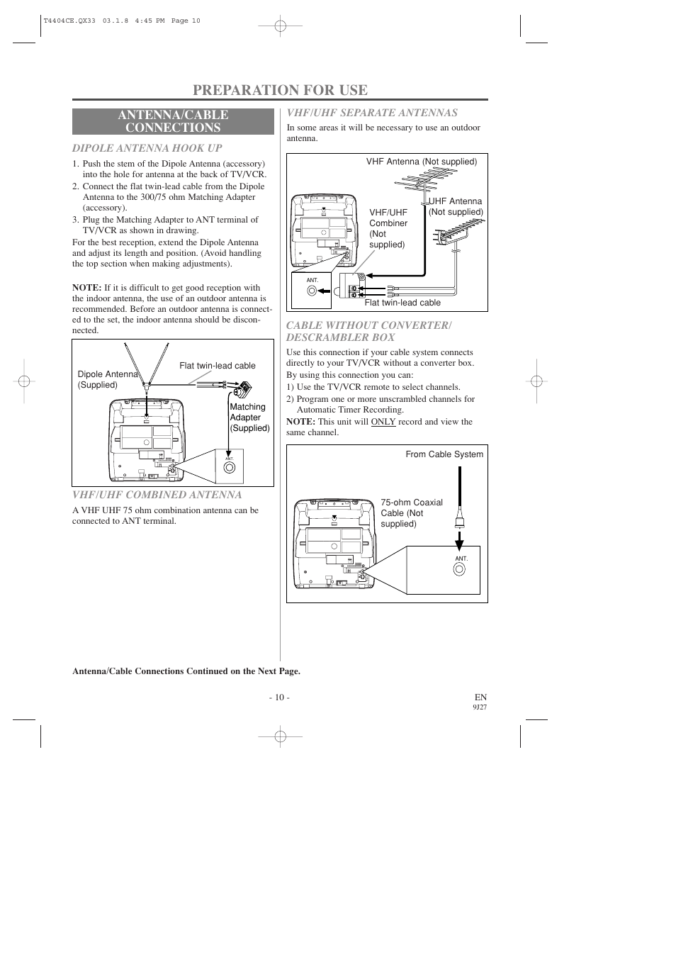Preparation for use, Antenna/cable connections | Sylvania C6309CD User Manual | Page 10 / 30