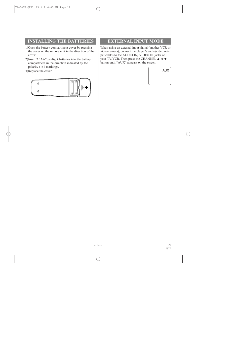 Installing the batteries, External input mode | Sylvania C6309CD User Manual | Page 12 / 30