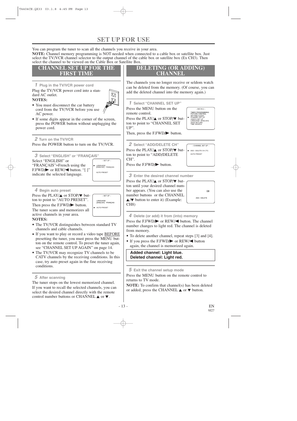 Set up for use, Channel set up for the first time, Deleting (or adding) channel | Sylvania C6309CD User Manual | Page 13 / 30