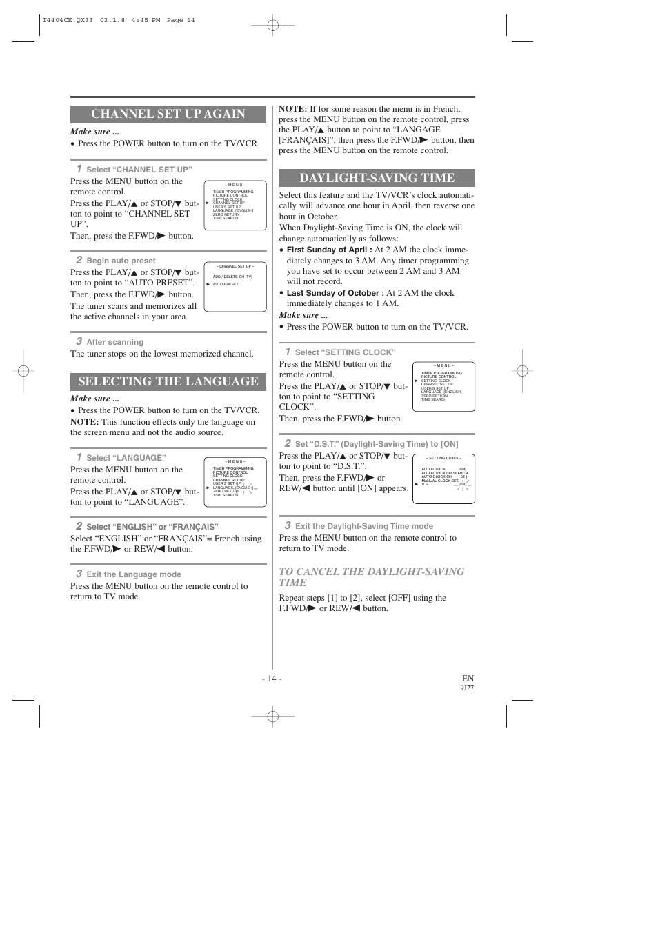Channel set up again, Selecting the language, Daylight-saving time | Sylvania C6309CD User Manual | Page 14 / 30