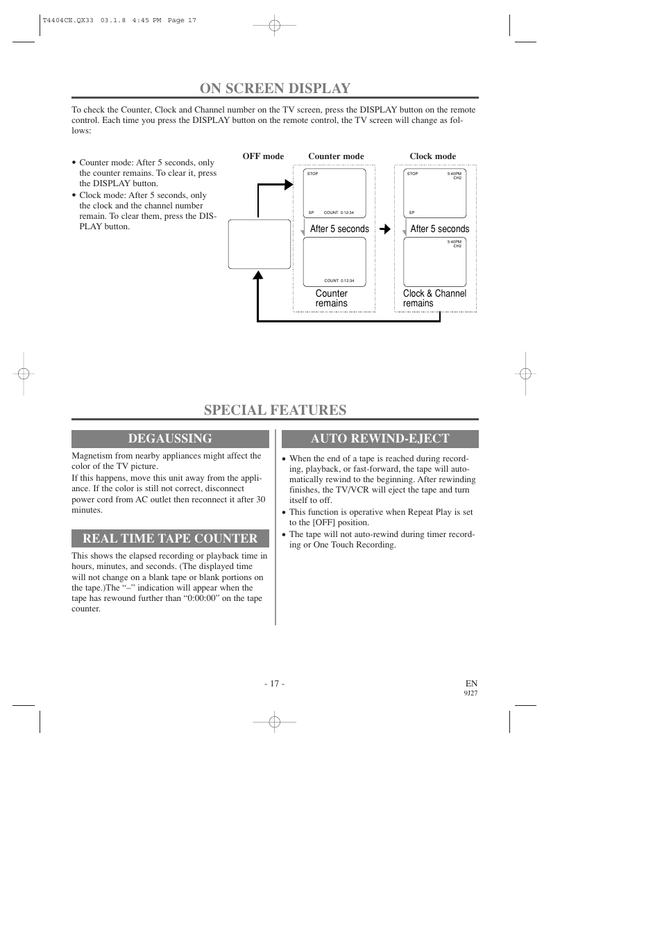 On screen display, Special features, Degaussing | Real time tape counter, Auto rewind-eject | Sylvania C6309CD User Manual | Page 17 / 30