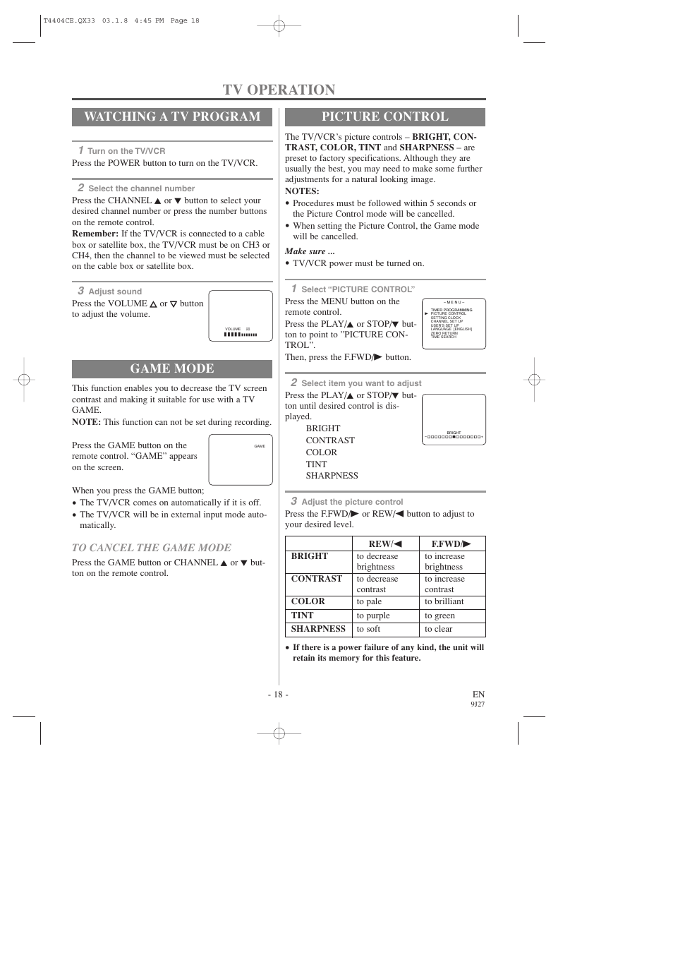 Tv operation, Watching a tv program, Game mode | Picture control | Sylvania C6309CD User Manual | Page 18 / 30