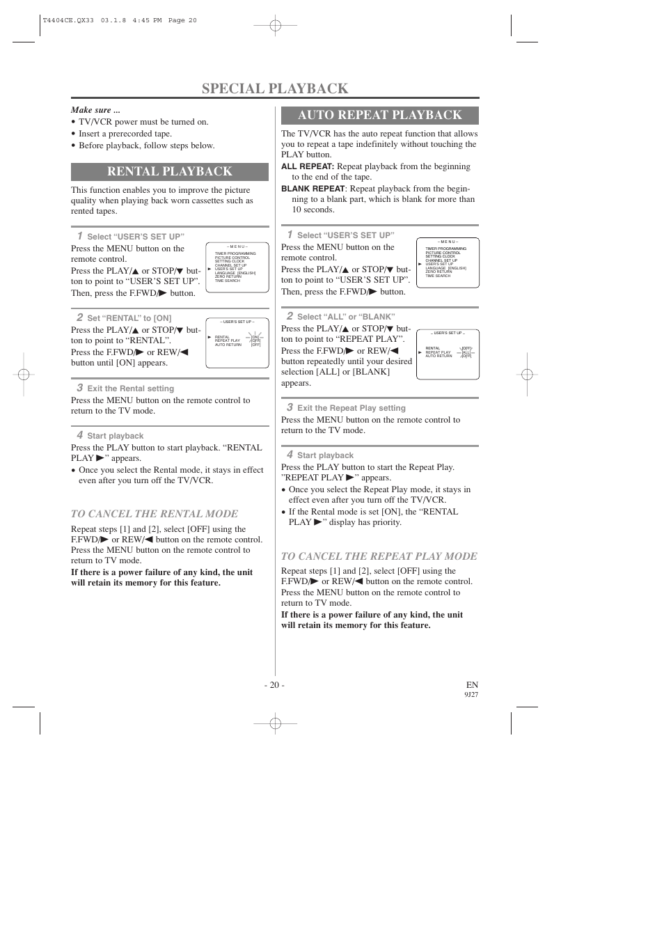 Special playback, Rental playback, Auto repeat playback | Sylvania C6309CD User Manual | Page 20 / 30