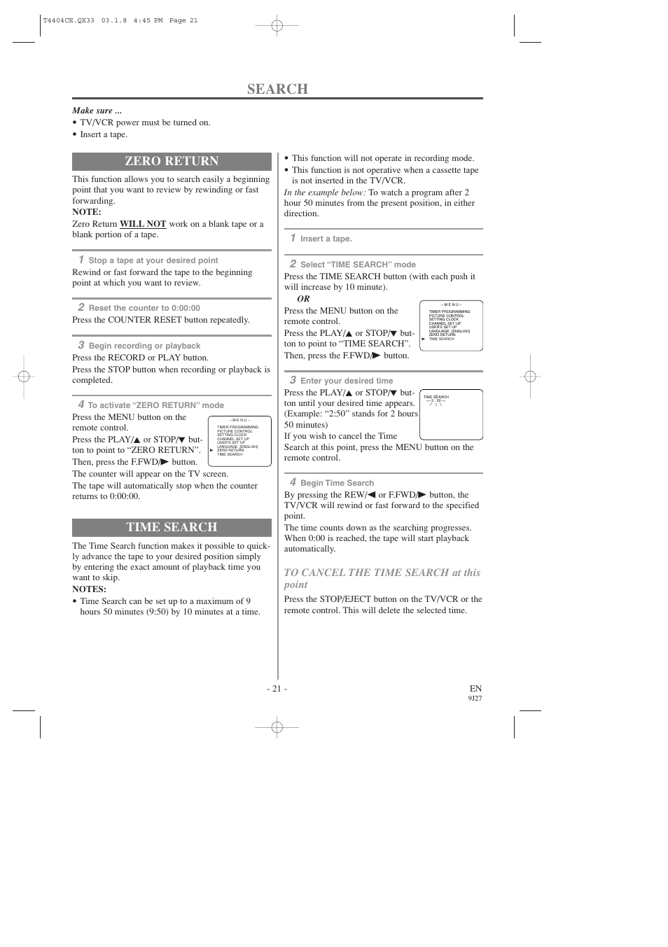 Search, Zero return, Time search | Sylvania C6309CD User Manual | Page 21 / 30