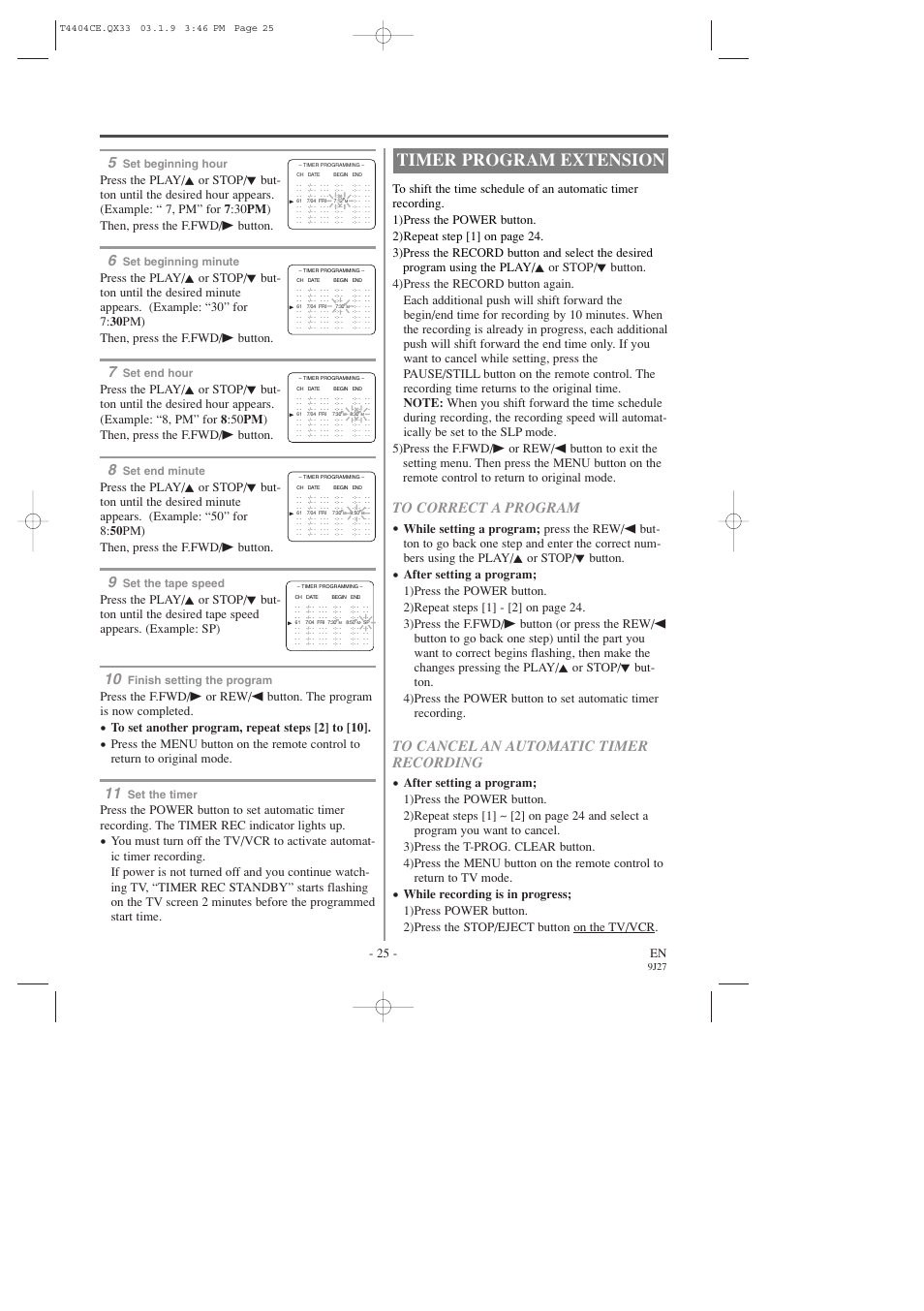 Timer program extension, 25 - en, Set beginning hour | Set beginning minute, Set end hour, Set end minute, Set the tape speed, Finish setting the program, Set the timer | Sylvania C6309CD User Manual | Page 25 / 30