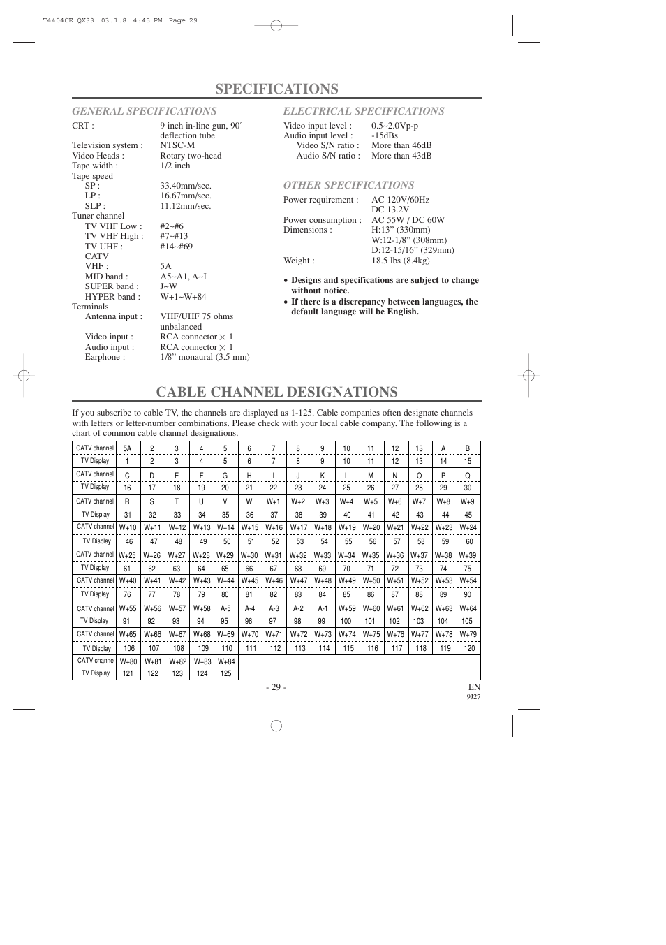 Specifications cable channel designations, General specifications, Electrical specifications | Other specifications | Sylvania C6309CD User Manual | Page 29 / 30