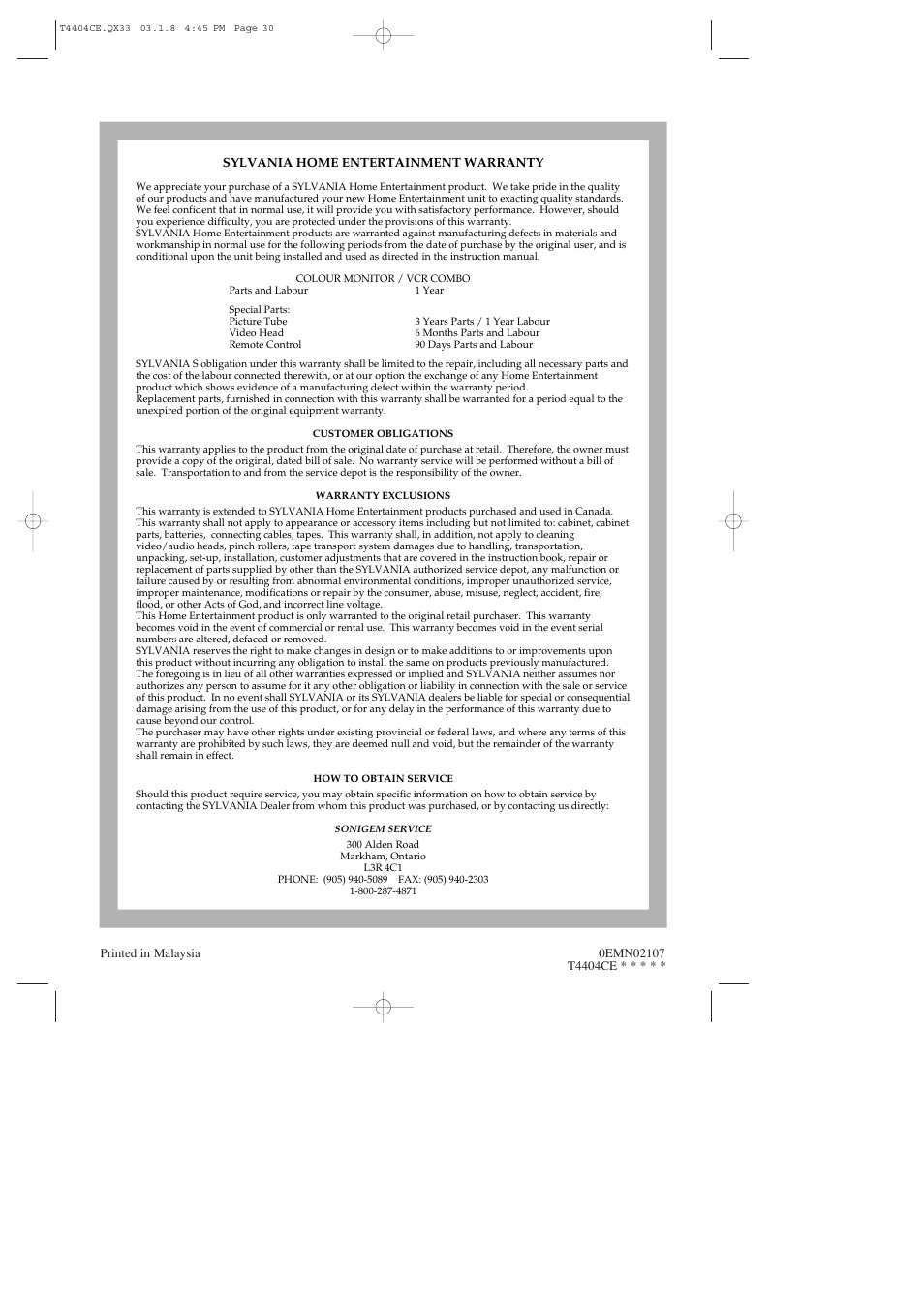 Sylvania C6309CD User Manual | Page 30 / 30