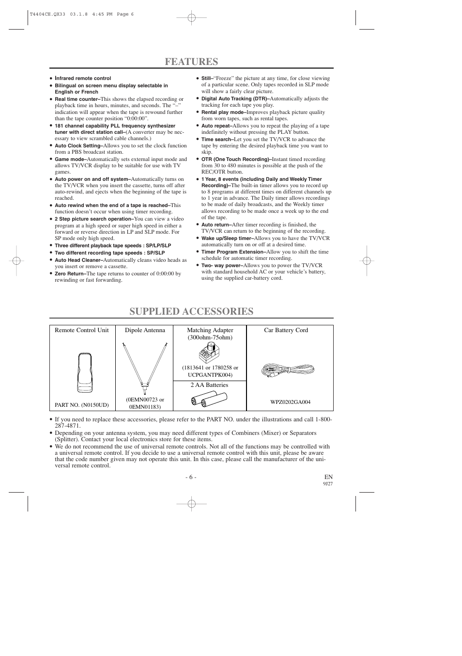 Features, Supplied accessories | Sylvania C6309CD User Manual | Page 6 / 30