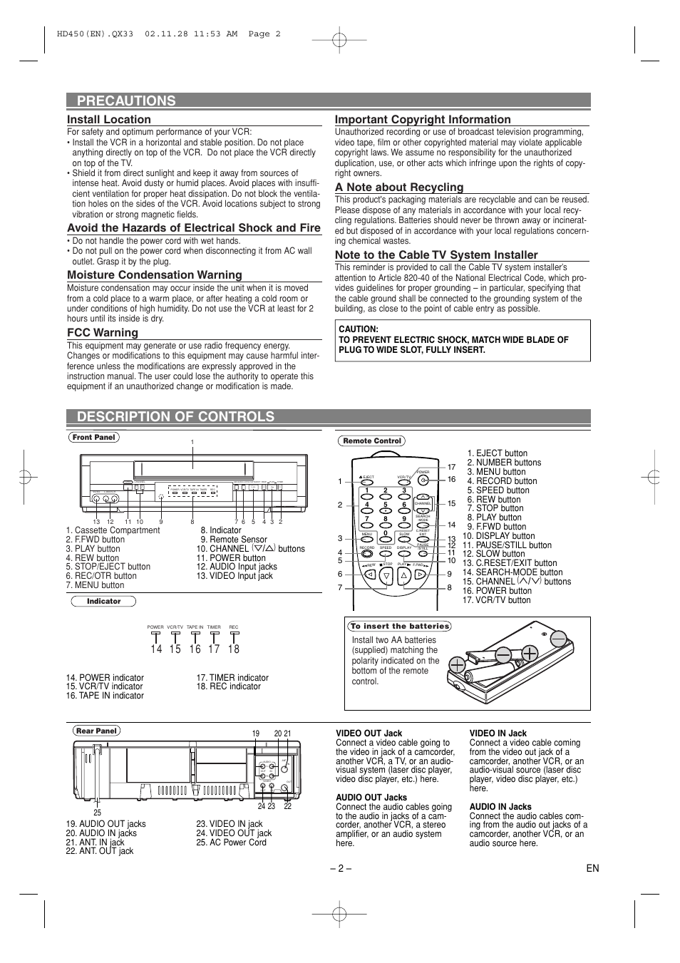 Precautions description of controls, Install location, Avoid the hazards of electrical shock and fire | Moisture condensation warning, Fcc warning, Important copyright information, 2 – en | Sylvania C6260VD User Manual | Page 2 / 9