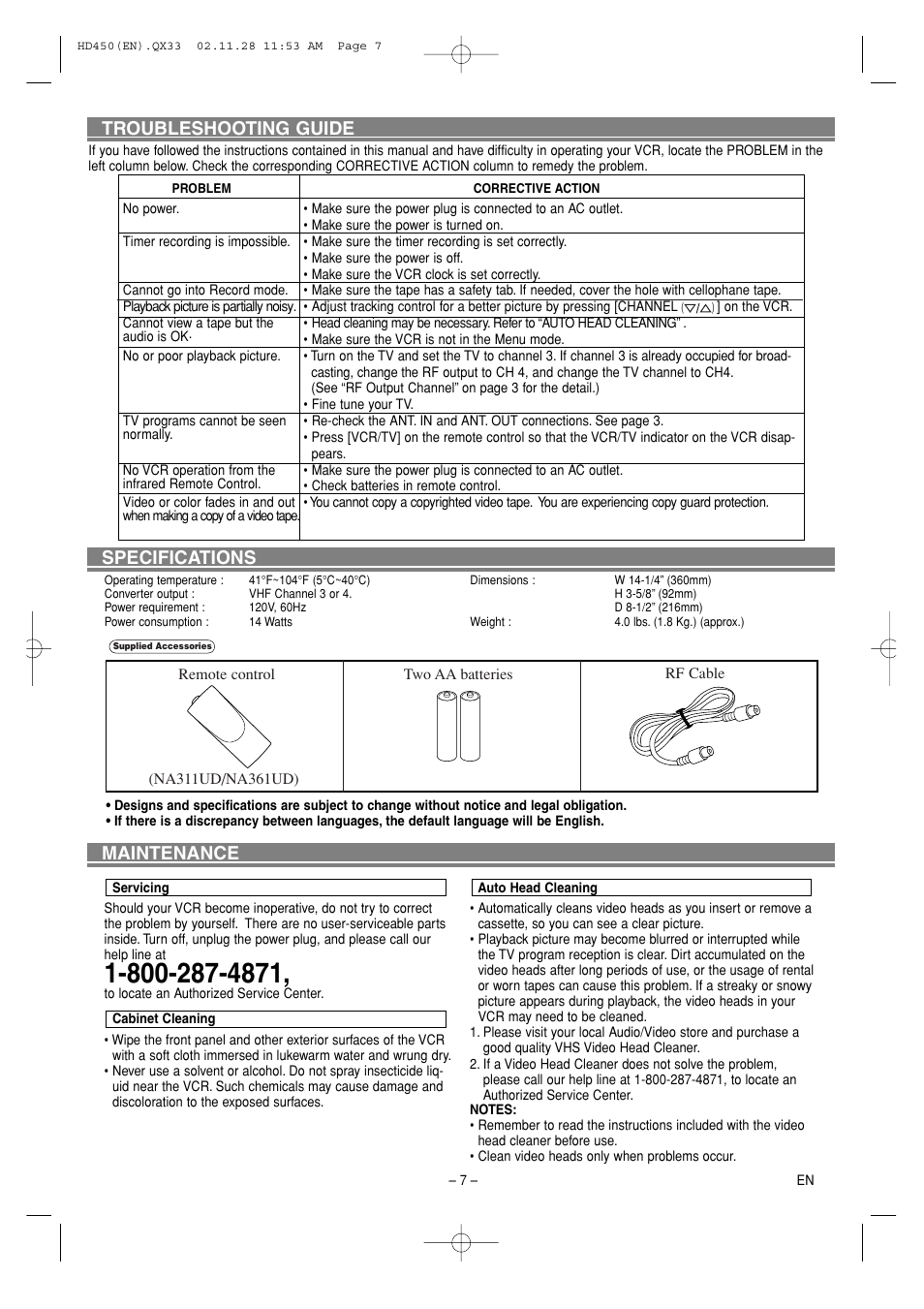 Troubleshooting guide specifications maintenance | Sylvania C6260VD User Manual | Page 7 / 9