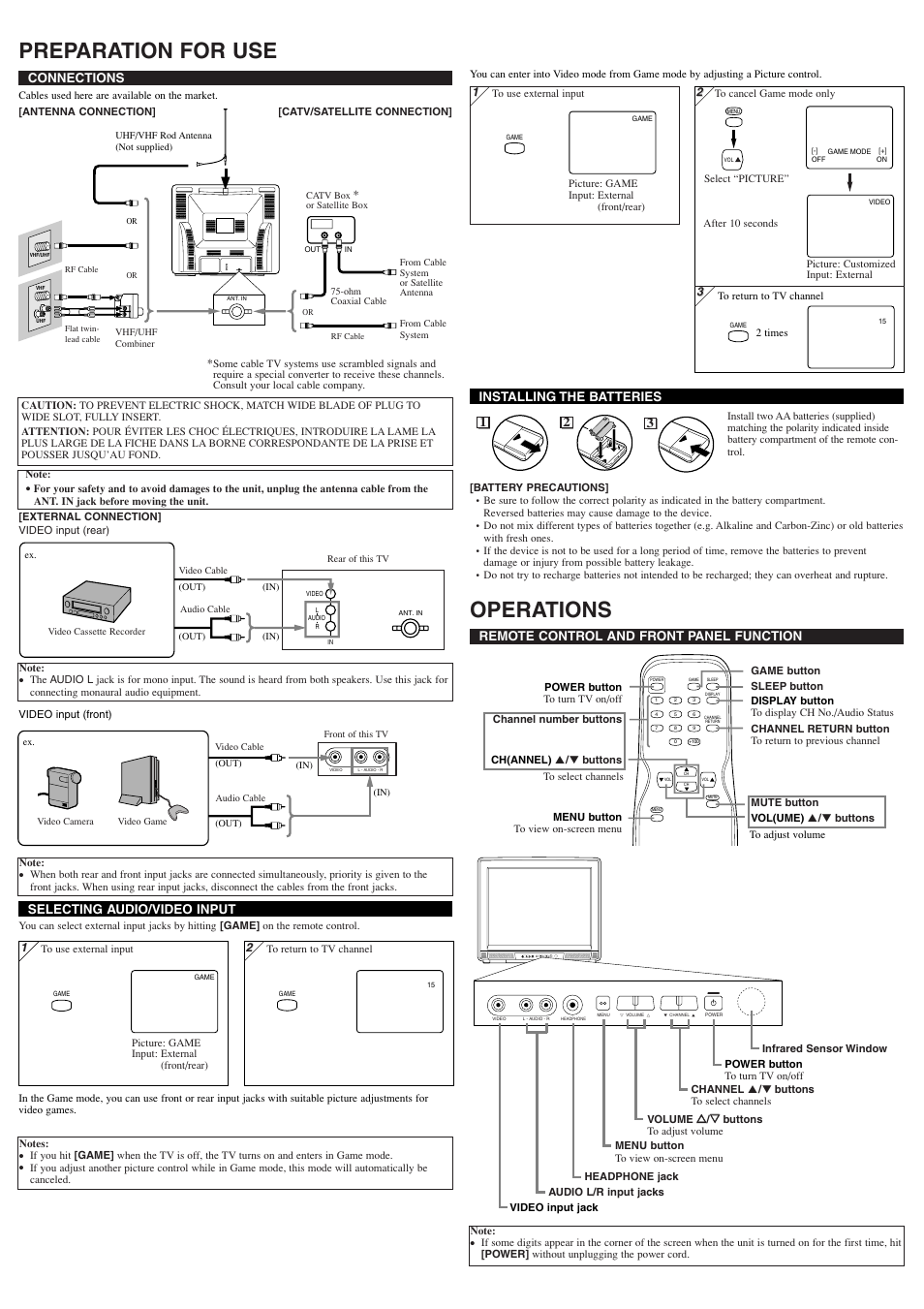Preparation for use, Operations, Connections | Remote control and front panel function, Installing the batteries, Selecting audio/video input | Sylvania 6427TFY User Manual | Page 2 / 8