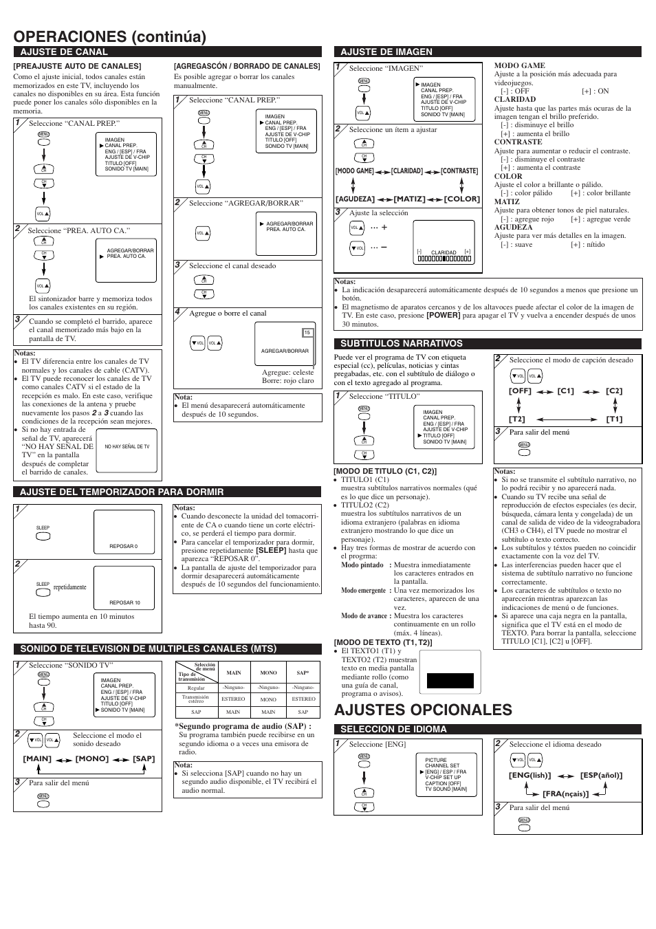 Operaciones (continúa) ajustes opcionales, Ajuste de imagen, Ajuste de canal | Seleccion de idioma, Subtitulos narrativos, Sonido de television de multiples canales (mts), Ajuste del temporizador para dormir | Sylvania 6427TFY User Manual | Page 7 / 8