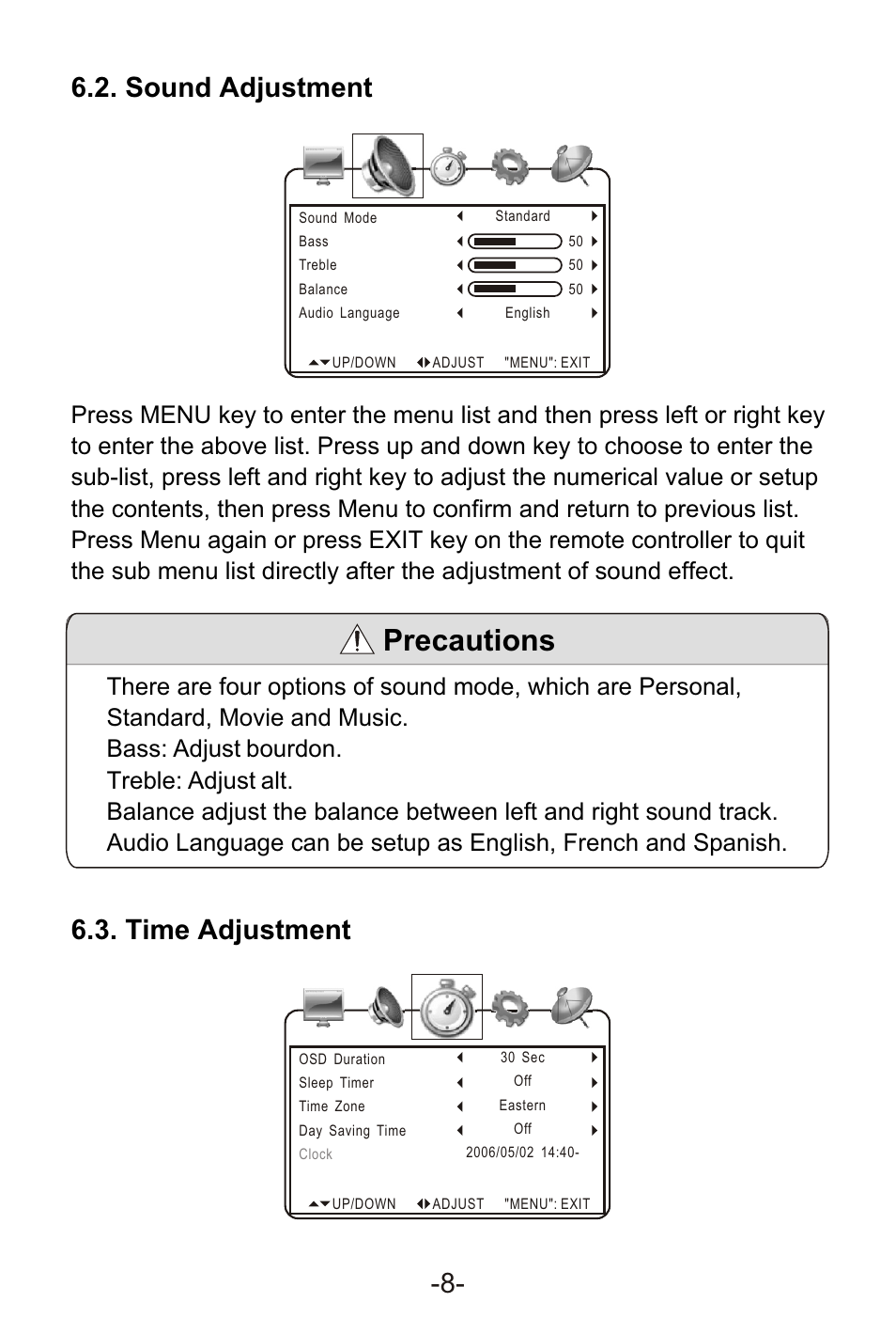 Т³гж 10, Precautions, Sound adjustment 6.3. time adjustment -8 | Sylvania SRT702A User Manual | Page 10 / 20