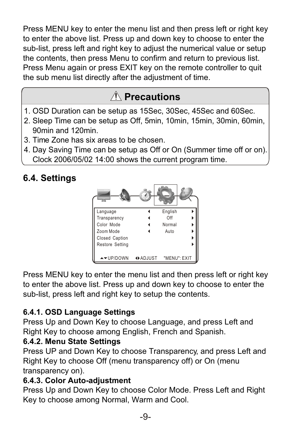 Т³гж 11, Precautions, Settings -9 | Sylvania SRT702A User Manual | Page 11 / 20