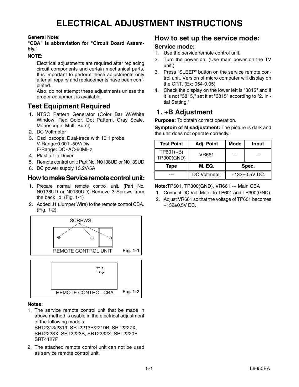 Electrical adjustment instructions, Test equipment required, How to make service remote control unit | How to set up the service mode, +b adjustment | Sylvania SRT2232X User Manual | Page 14 / 56
