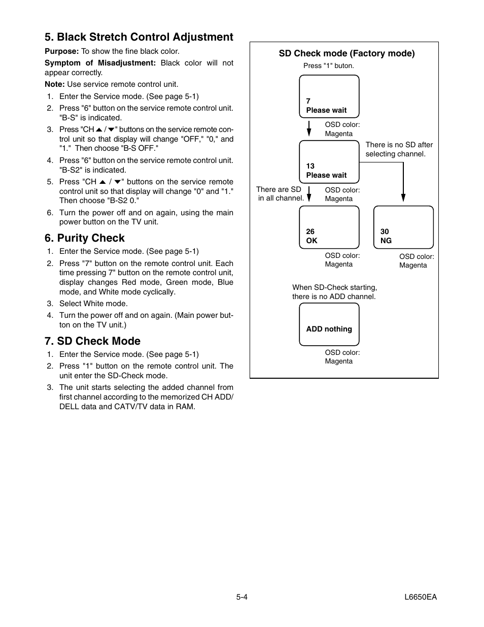 Black stretch control adjustment, Purity check, Sd check mode | Sylvania SRT2232X User Manual | Page 17 / 56