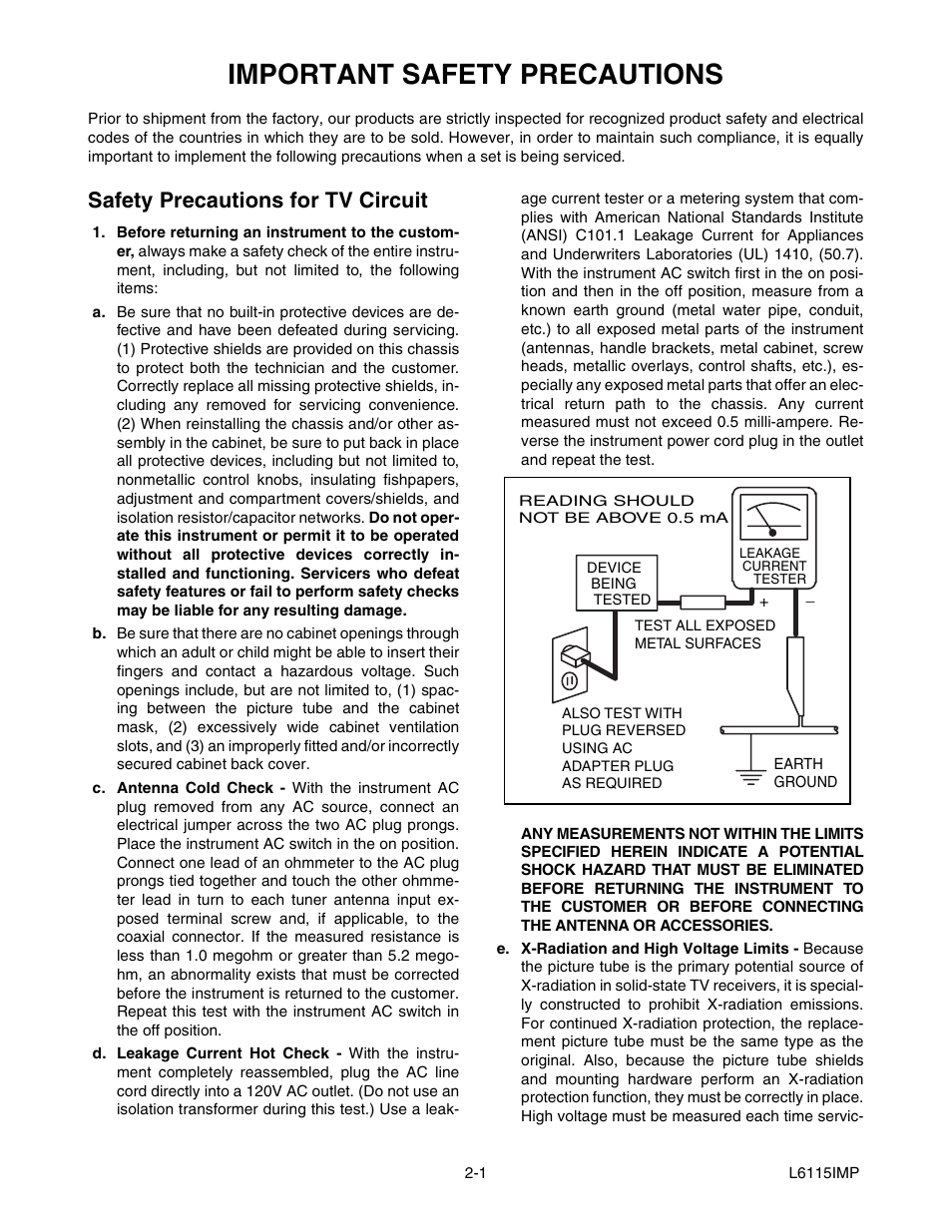 Important safety precautions, Safety precautions for tv circuit | Sylvania SRT2232X User Manual | Page 4 / 56