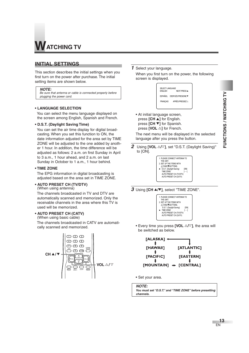 Atching tv, Initial settings, Functions / w a tching tv | Sylvania SSGF4276 User Manual | Page 13 / 76